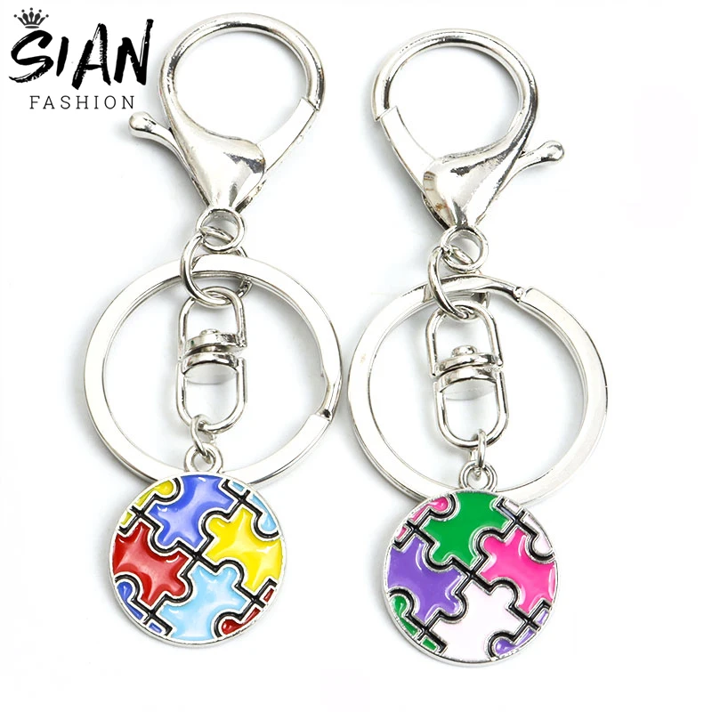 

Enamel Autism Awareness Puzzle Charm Keychains Holder Round Metal Multicolor Key Chains Keyrings for Key Handbag Vintage Jewelry