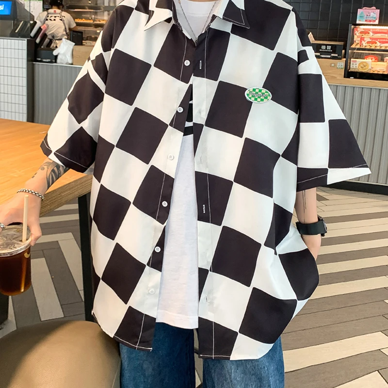 Colorful Plaid Short Sleeve Shirt for Mens Summer Fashion Trends Oversized Streetwear Tops Teenage Plus Size Hawaii Beach Blouse