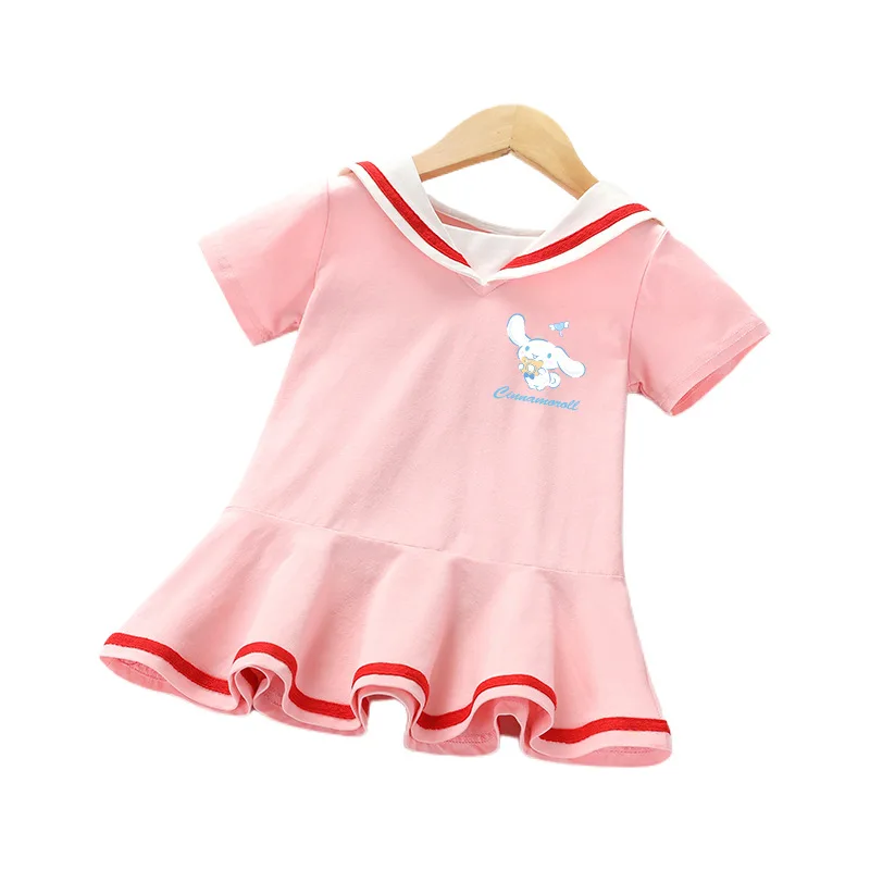 

Kawaii Sanriod Anime Hello Kittys Cinnamoroll Summer Girls' Cotton Dress Short-Sleeved Preppy Skirt Children's Princess Dress