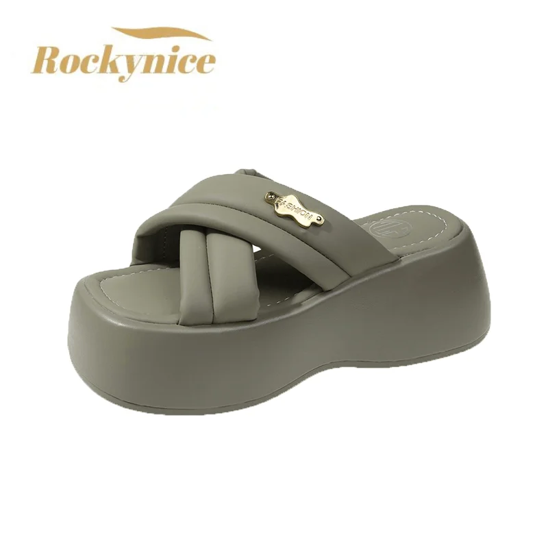 Designer 7CM Platform Sandals Summer 2023 NEW Metal Wedge Heels Beach Slippers Woman Thick Bottom Slides for Women Flip Flops