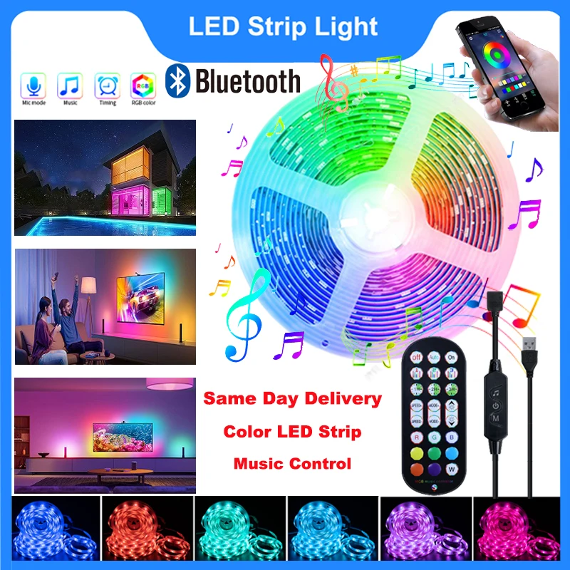 

USB LED Strip Lights for Room RGB Neon Lights Bluetooth Control Music Sync 5050 Light Bar Lamp for Screen TV Bedroom Decoration