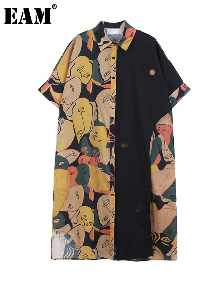 

[EAM] Women Black Pattern Printed Big Size Shirt Dress New Lapel Short Sleeve Loose Fit Fashion Tide Spring Summer 2022 1DE9051