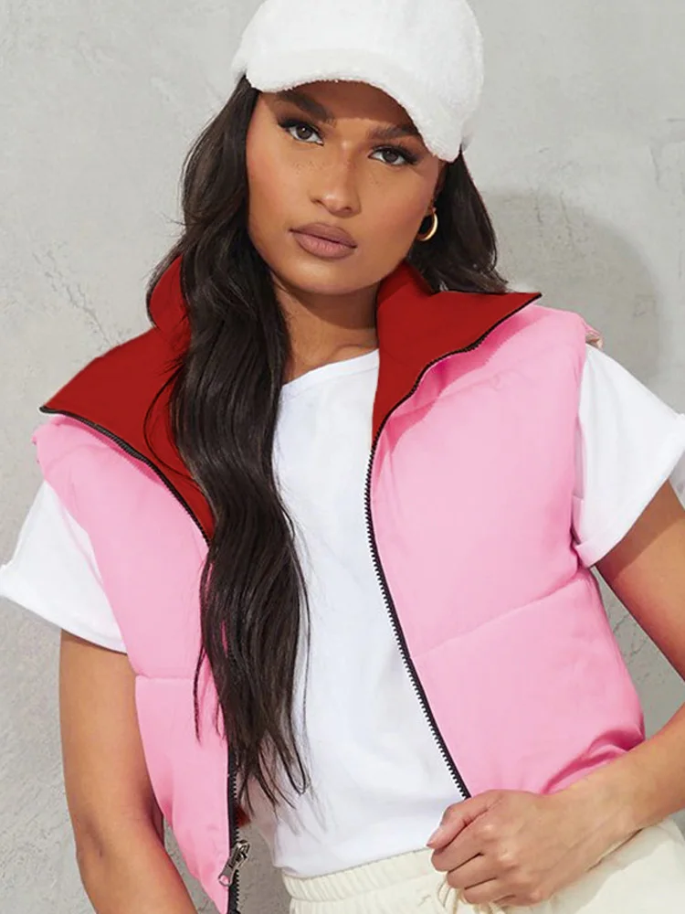 Autumn Winter Fashion Sleeveless Short Vest For Women Clothes Color Clash Two Wear Jacket Streetwear Zipper Stand-up Collar Coat