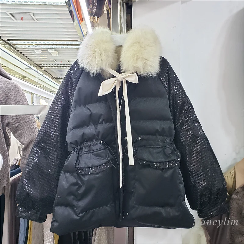 White Down Cotton-Padded Jacket Women New Winter Korean Loose Mid-Length Parkas Genuine Sequined Fur Collar Students Red Coat