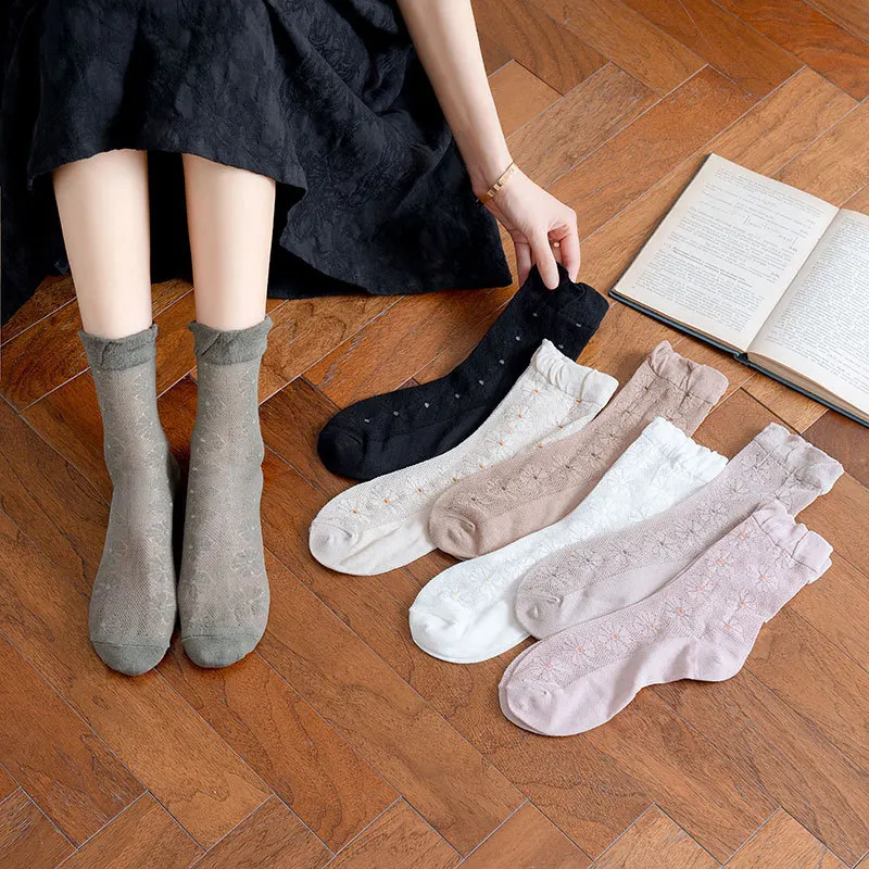 

Floret Sock Lady Small Leather Shoes Wind Sock Female Spring and Summer Day Department New Style In Tube Socks Small and Fresh