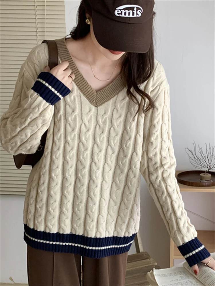 

Vintage V Neck Pullovers for Women 2022 Korean Fashion Loose Criss Cross Casual Loose Sweater Chic Knitted Warm Jumpers