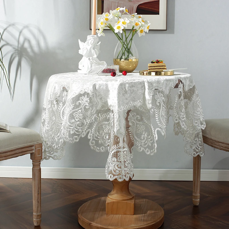 

Round Tablecloth Golden Velvet White Table Cover Dining Table Cloths Embroidery Lace Flower House Towel Chair Cover Dust Cover