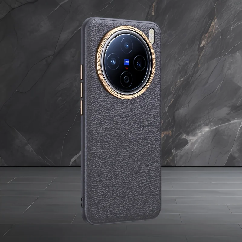 Фото Caase для VIVO X200 X100 Pro ультра роскошный кожаный металлический чехол с кольцом для объектива личи для VIVO X200Pro MINI противоударный бампер №5