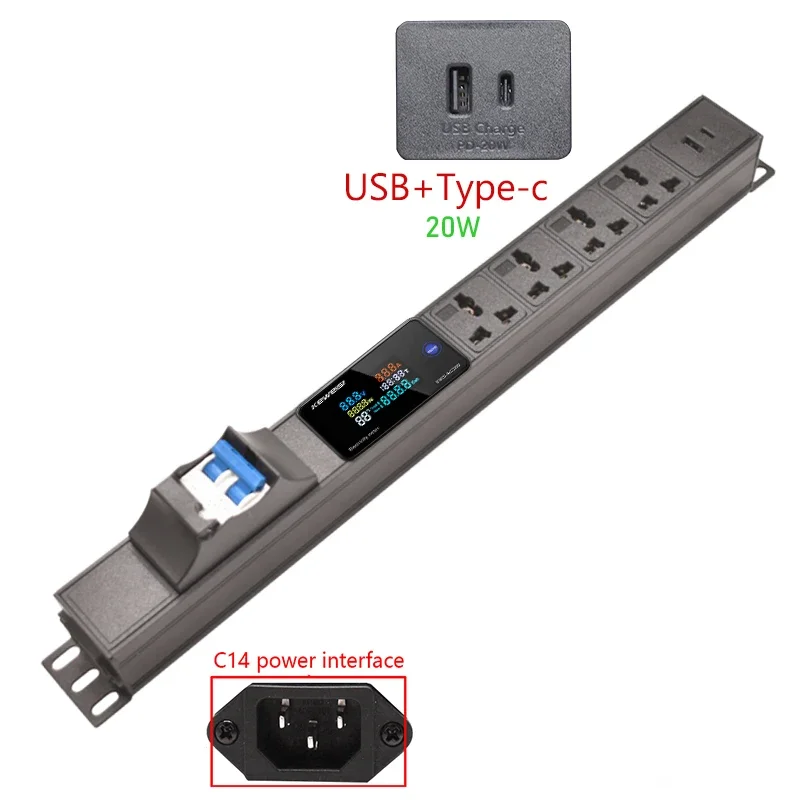 Удлинитель C14 интерфейс Type-c + USB цифровой счетчик 16А автоматический выключатель