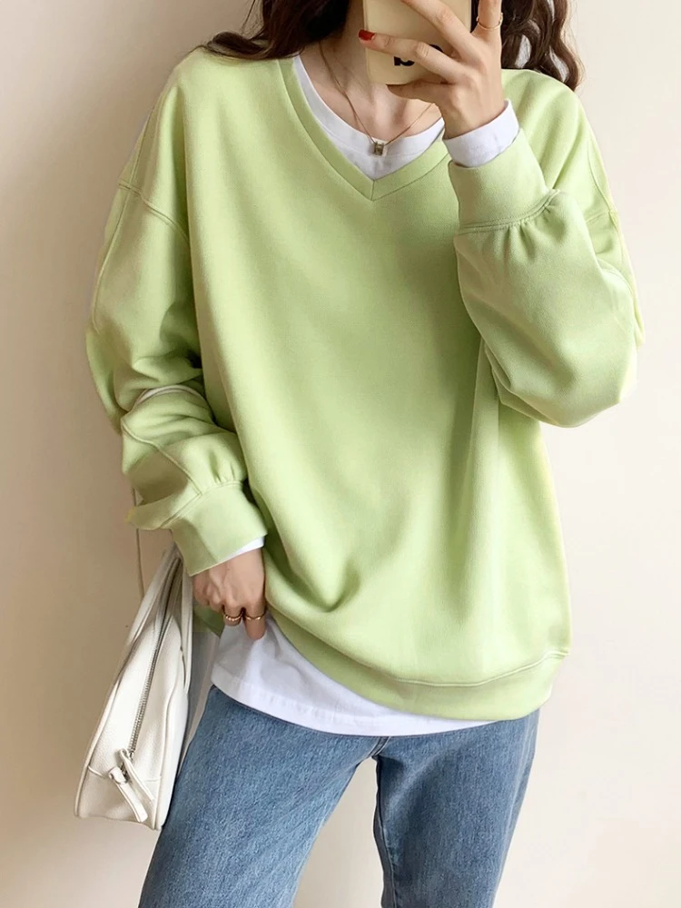 

Sweatshirts Oversize Sweater Women's Clothing Loose Pullover V-neck Sweatshirts Long Sleeve Pullover Top Spring Autumn Thin 2023