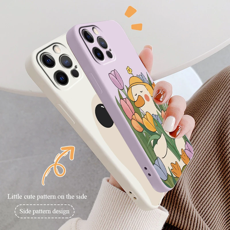 

Flowers Cute Drawing Duck Phone Case For Apple iPhone 14 13 12 Mini 11 XS Pro Max X XR SE 2020 Plus Liquid Rope Funda Cover