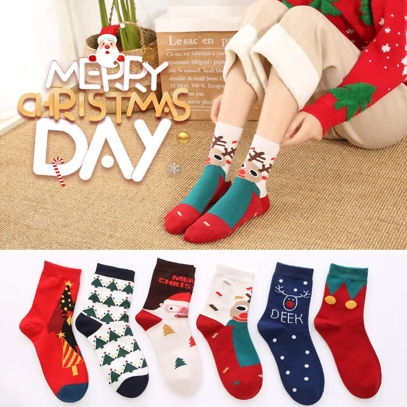 

10 Pairs Cotton Spring Winter Autumn Women Men Warm Christmas Socks Snowman Striped Terry Snow Flower Elk Santa Claus Sock