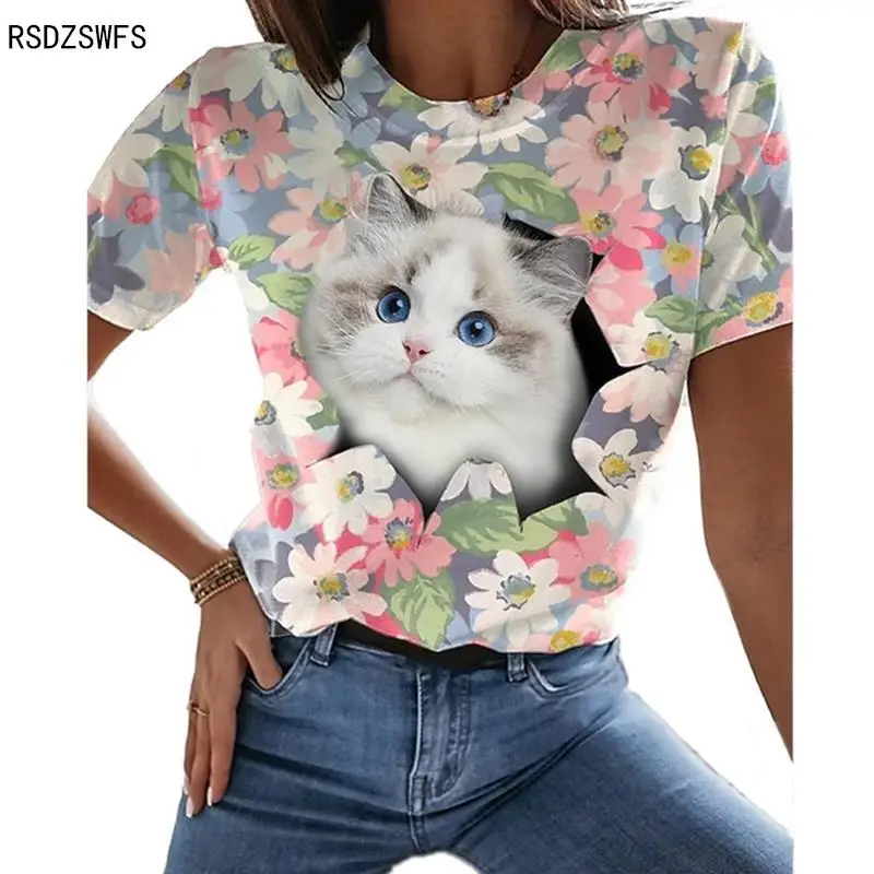 

Animal Forest Cat 3D Printing Round Neck T-shirt Women Fun Short Sleeve Top Summer Pullover Retro Style Fashion Casual
