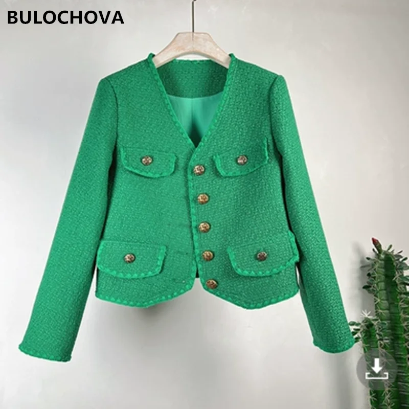 

Женская твидовая короткая куртка BULOCHOVA, подиумная зеленая шерстяная куртка с V-образным вырезом и пуговицами и карманами, верхняя одежда для женщин на весну