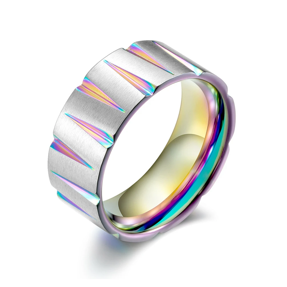 

New Arrival Stainless Steel Ring for Men Tapered Grooves 8mm Width Matte Titanium Rainbow Ring Multicolor Black Gold Color Ring
