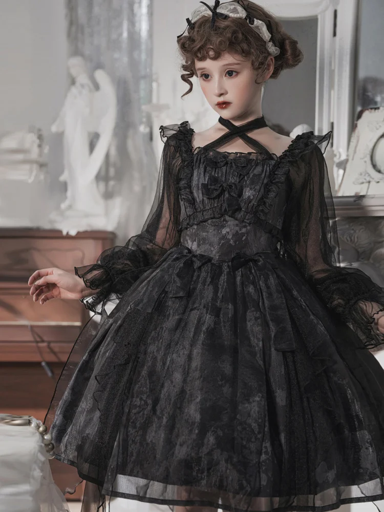 Gothic Dress Dark Black Goth Lolita Dress Lace Patchwork Square Collar Long Sleeve Dress Slim Gothic Style Ladies Lolita Dress