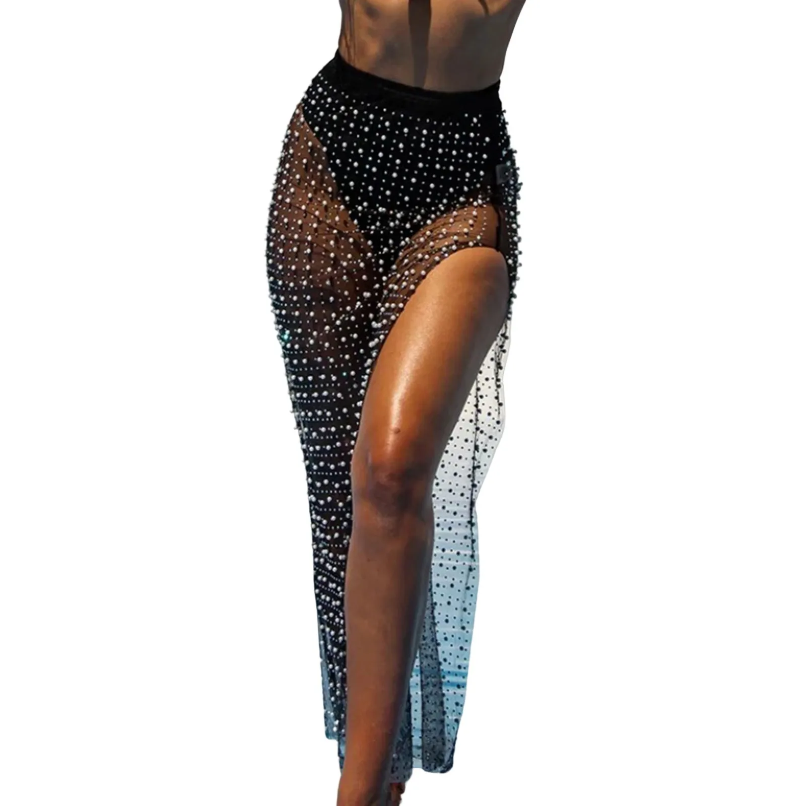 

Women's Sexy See Through Beaded And Diamond Strapped Mesh Half Body Skirt Swim Cover up for Women Pants