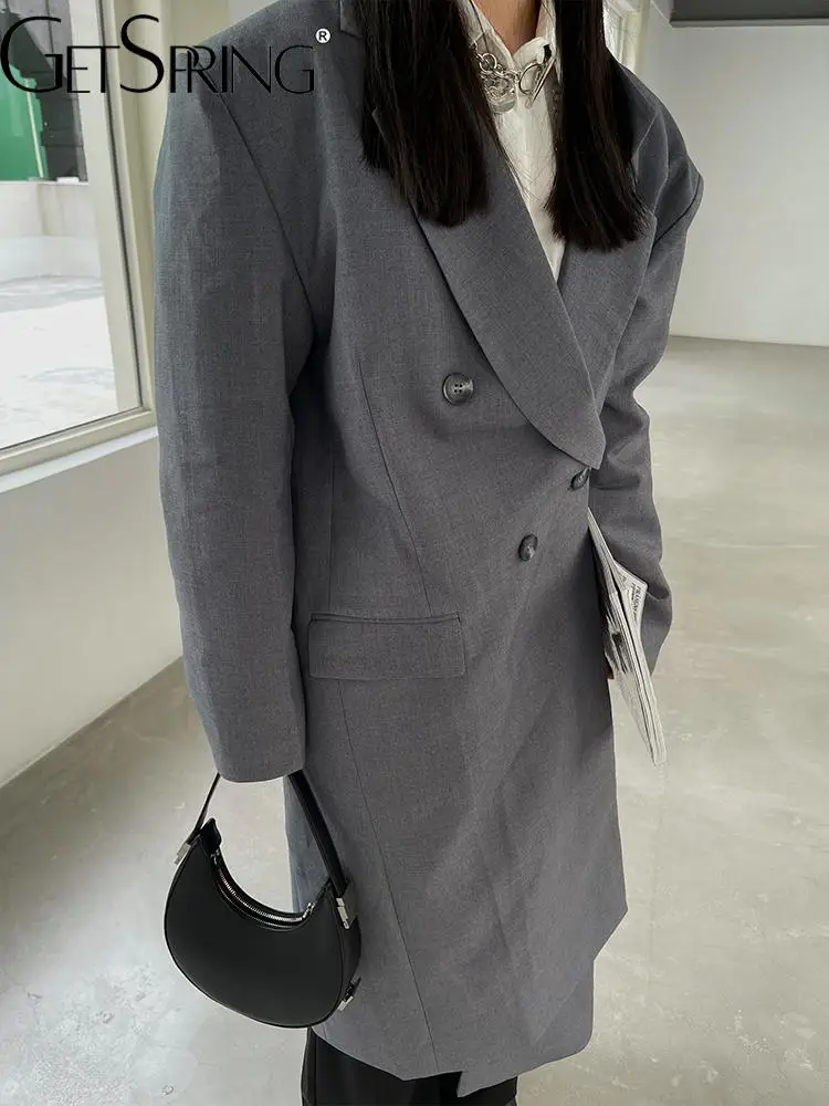

GetSpring Женский блейзер оверсайз с подкладкой на плечах двубортный серый костюм пальто винтажная мода свободная длинная куртка пальто 2022