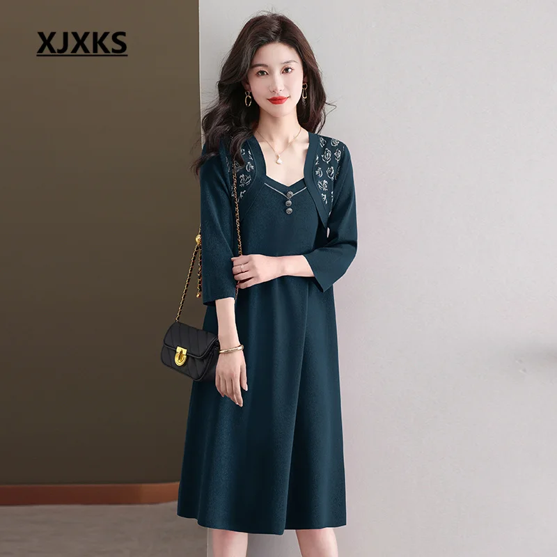 

XJXKS темпераментное универсальное женское платье 2023 Новинка Лето Осень высококачественный льняной вязки длинный пуловер