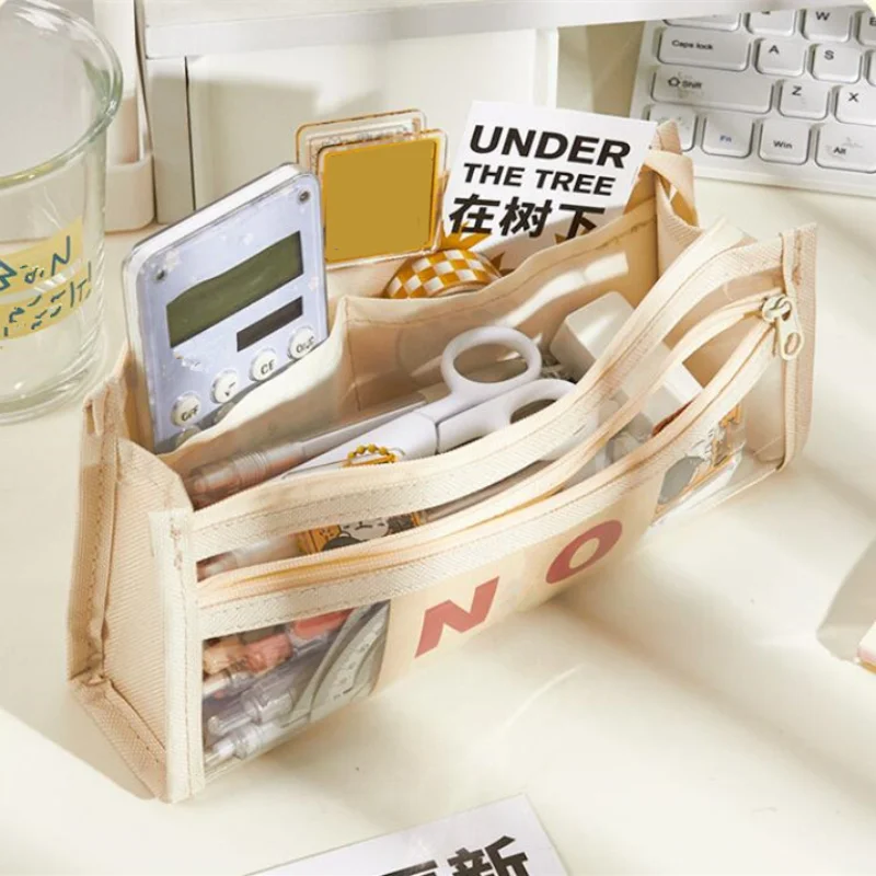

Ins Large Capacity Pencil Bag Transparent Oxford Cloth Pen Case Stationery Holder Box Double Layers Zipper Pencil Pouch