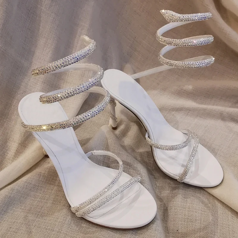 2023 New French Diamond Ribbon Snake Shaped Round Foot High Heel Thin Heel Round Toe Open Toed Women's Sandals