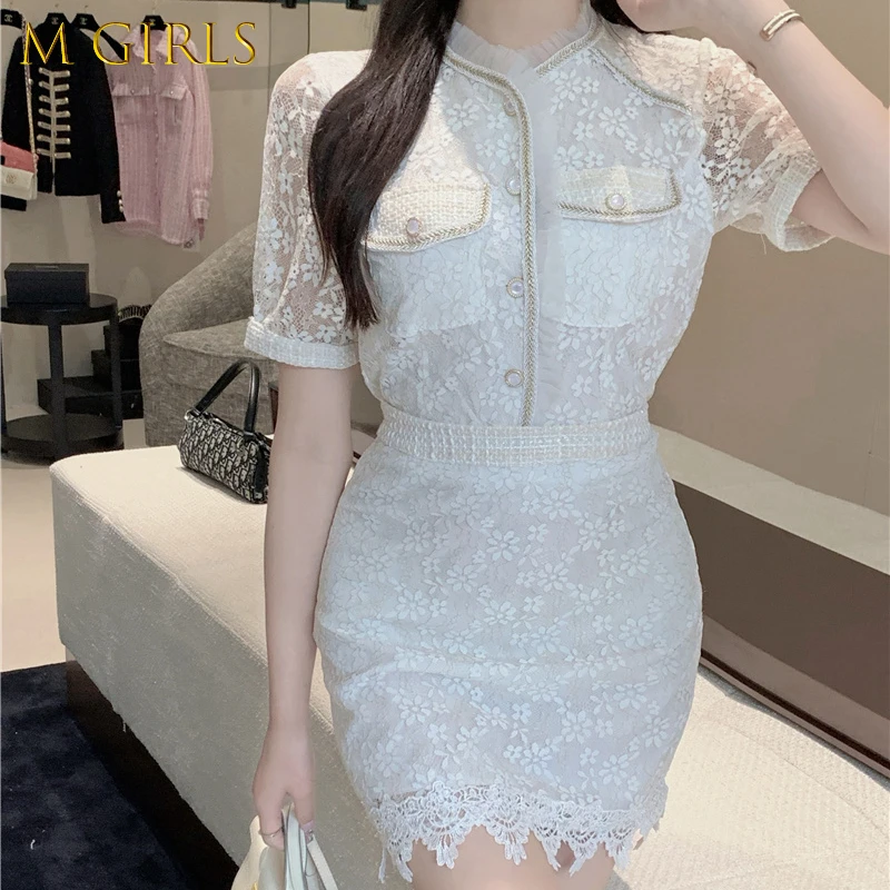 Summer New Women High Quality Two Piece Set Small Fragrance Single Breasted Short Sleeve Jacket + Mini Skirt 2 Piece Suits