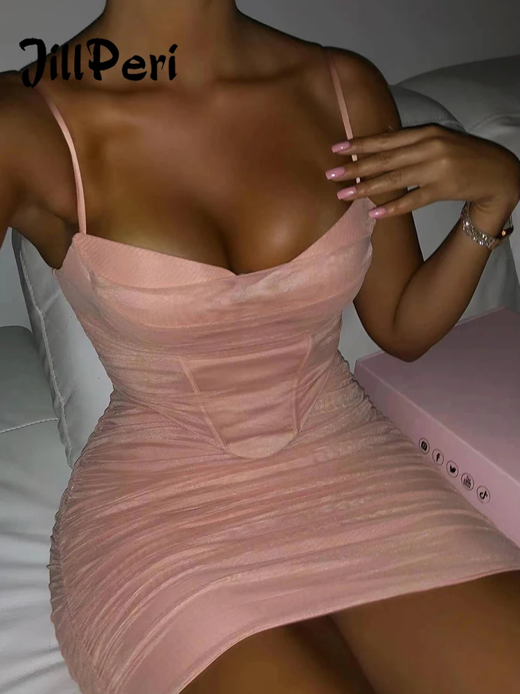 JillPeri Mesh Ruched Bodycon Mini Dress with Boning Sexy Bustier Solid Satin Lined Stretchy Celebrity Outfits Club Party Dress