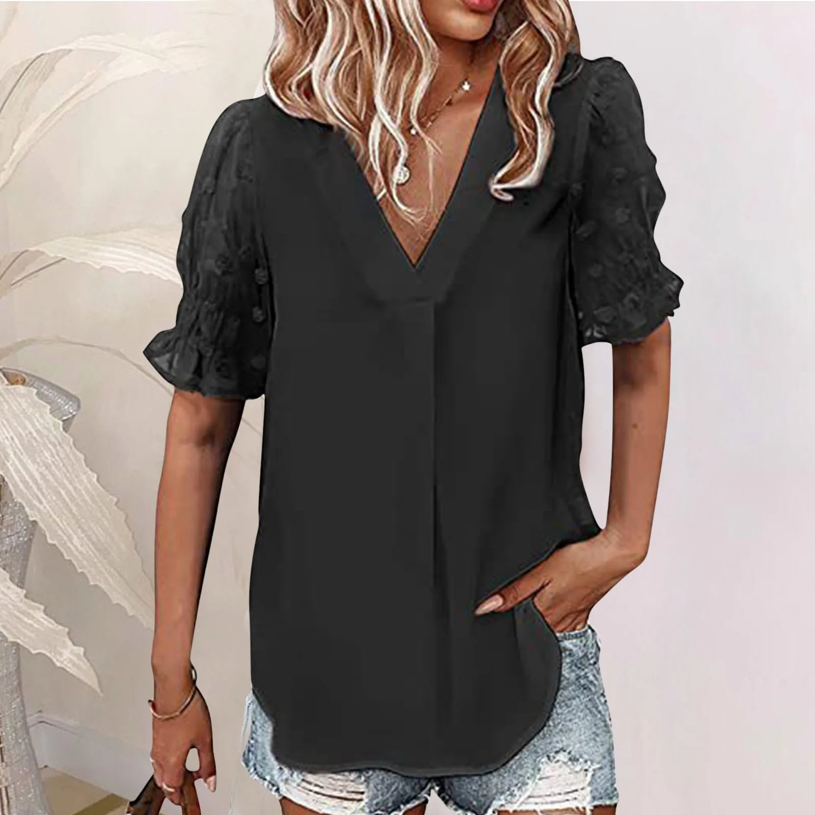 

Ball Chiffon Puff Women Short Summer Neck Top Sleeve V Shirt Patchwork Women's T-Shirts Dry Fit T Shirt Women