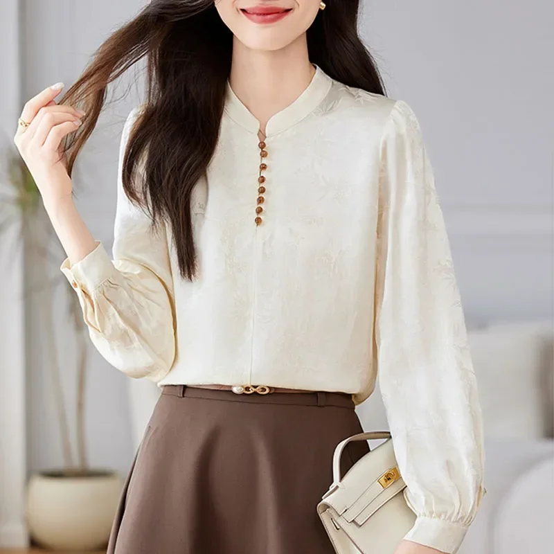 Новая женская блузка с воротником-стойкой однотонная длинным рукавом рубашка