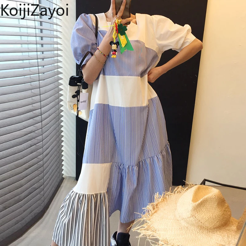 

Koijizayoi Patchwork Women Maxi Dress Summer Lady Fashion Short Sleeves O Neck Ruffled Dresses Female Casual Loose Vestidos New