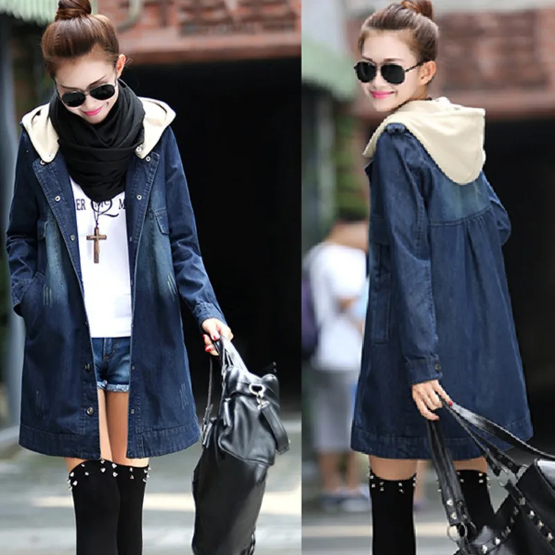 

Женская джинсовая однобортная верхняя одежда с капюшоном и длинным рукавом