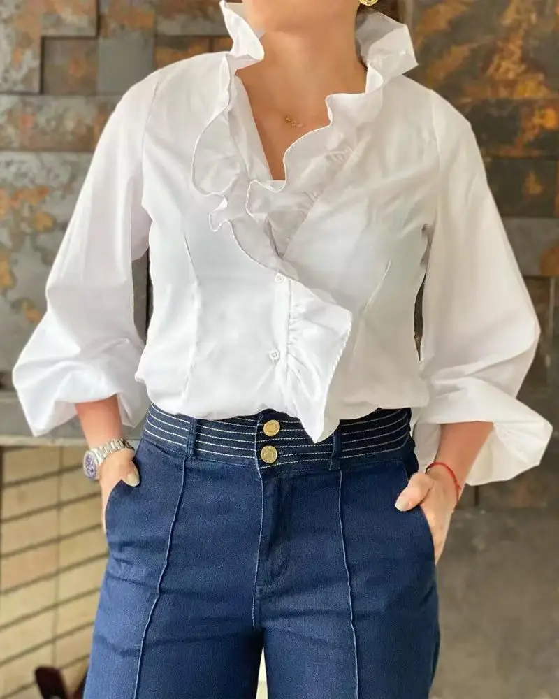 

Lantern Sleeve Ruffle Hem Button Front Shirt Women Casual Fashion Solid Color Spring Summer Shirts Top Blouse