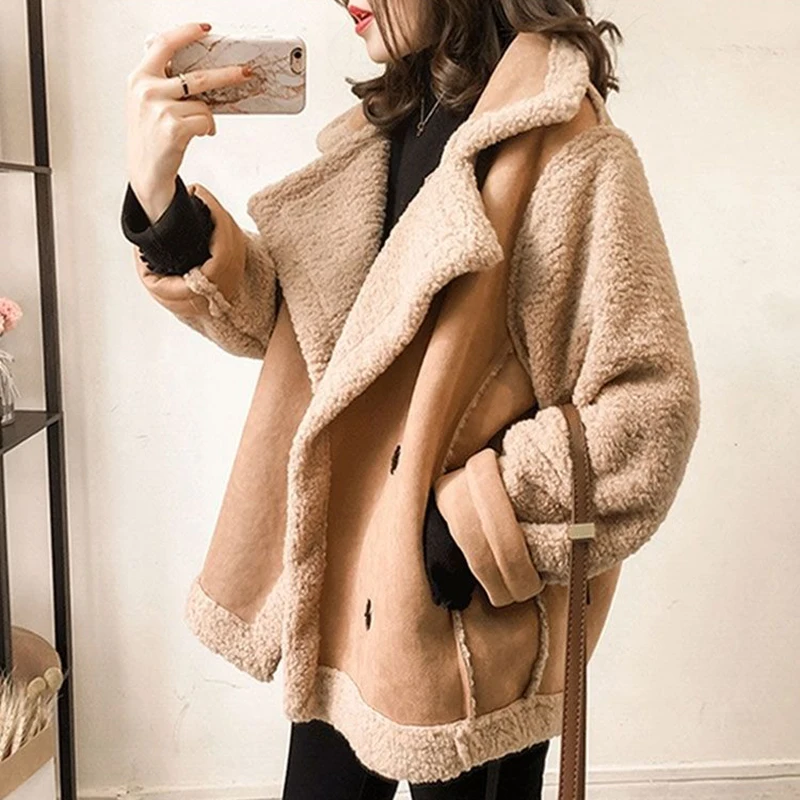 

Куртка Rimocy 2023 винтажная из овечьей шерсти с отложным воротником, женское свободное Утепленное зимнее пальто, женская уличная одежда, мотоциклетное пальто с длинным рукавом