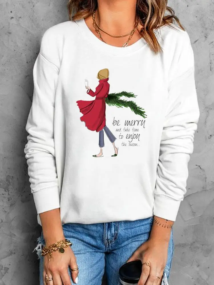 

Merry Christmas O-neck Pullovers Clothing Women Cartoon Tree Sweet 90s Cute Love Fashion Printing Female Graphic Sweatshirts