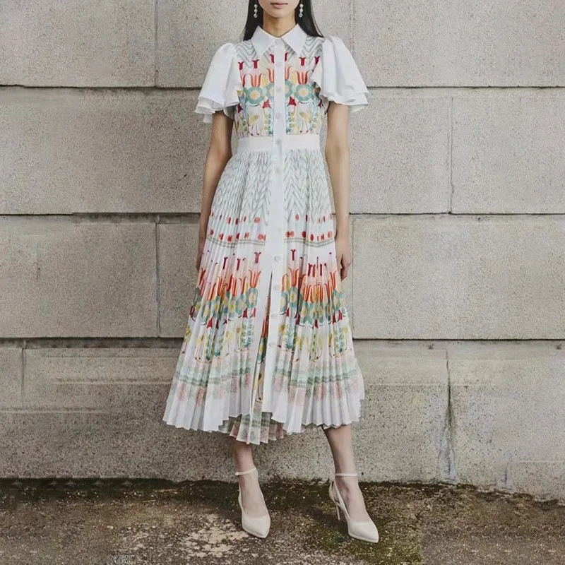 

2022 Summer New Women's Dress Turn-down Collar Flying Sleeve Single Breasted Print Pleated Skirt Fashion Dress