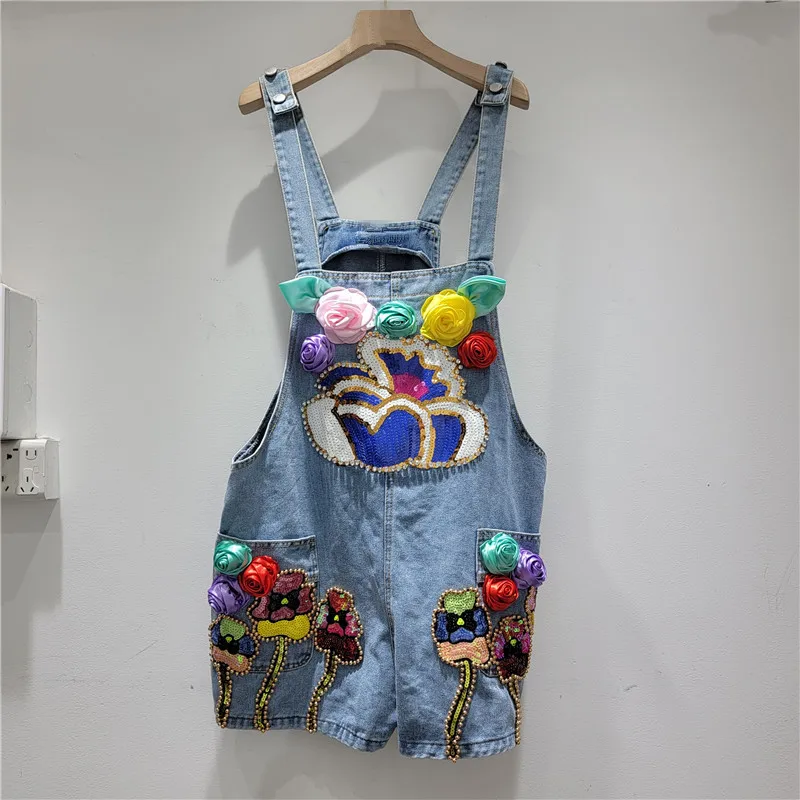 

2022 Summer Sequins Three-dimensional Flower Women Jeans Overalls Blue High Waist Casual Female Denim Jumpsuits Ropa De Mujer