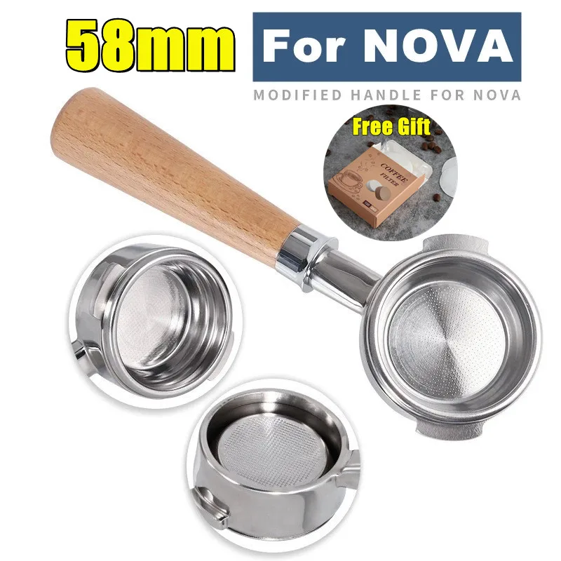 

For NOVA 58MM Portafilter Soild Wood Double Mouth Oblique 2 Ear 2 Cup Coffee Bottomless Filter Portafilter Coffee Accessories