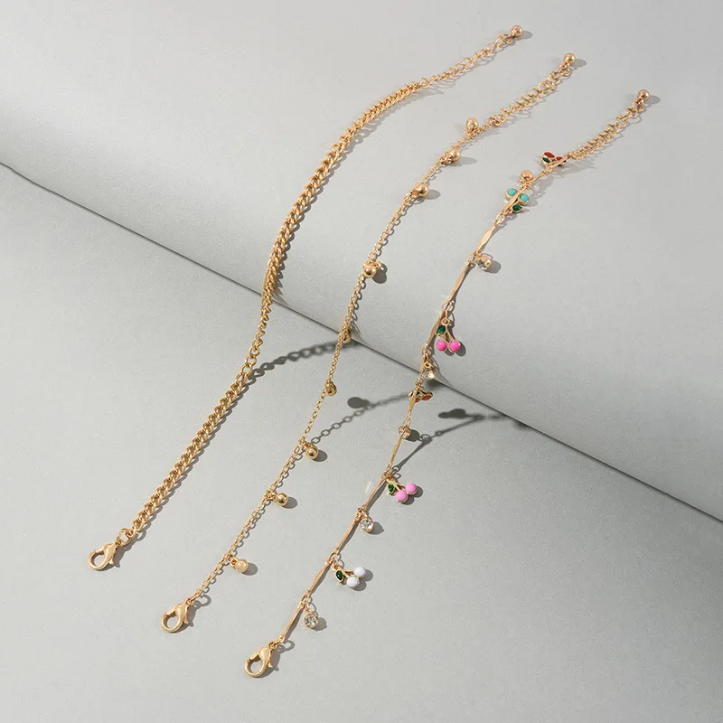 New European and American Coloured Oil-dripping Cherry Ball Pendant Chain Triple Anklet with Diamond Multi-layered Footwear