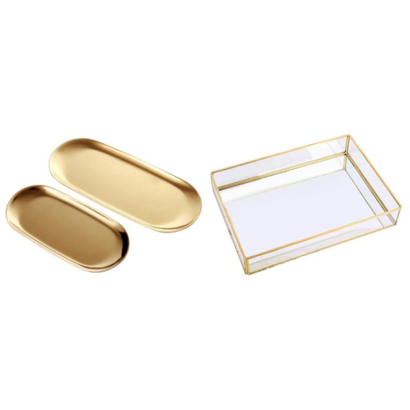 

2Pcs Gold Oval Stainless Steel Trinket Tray & 1Pcs Gold Tray Mirror, Rectangle Mirror Tray Can Hold Perfume