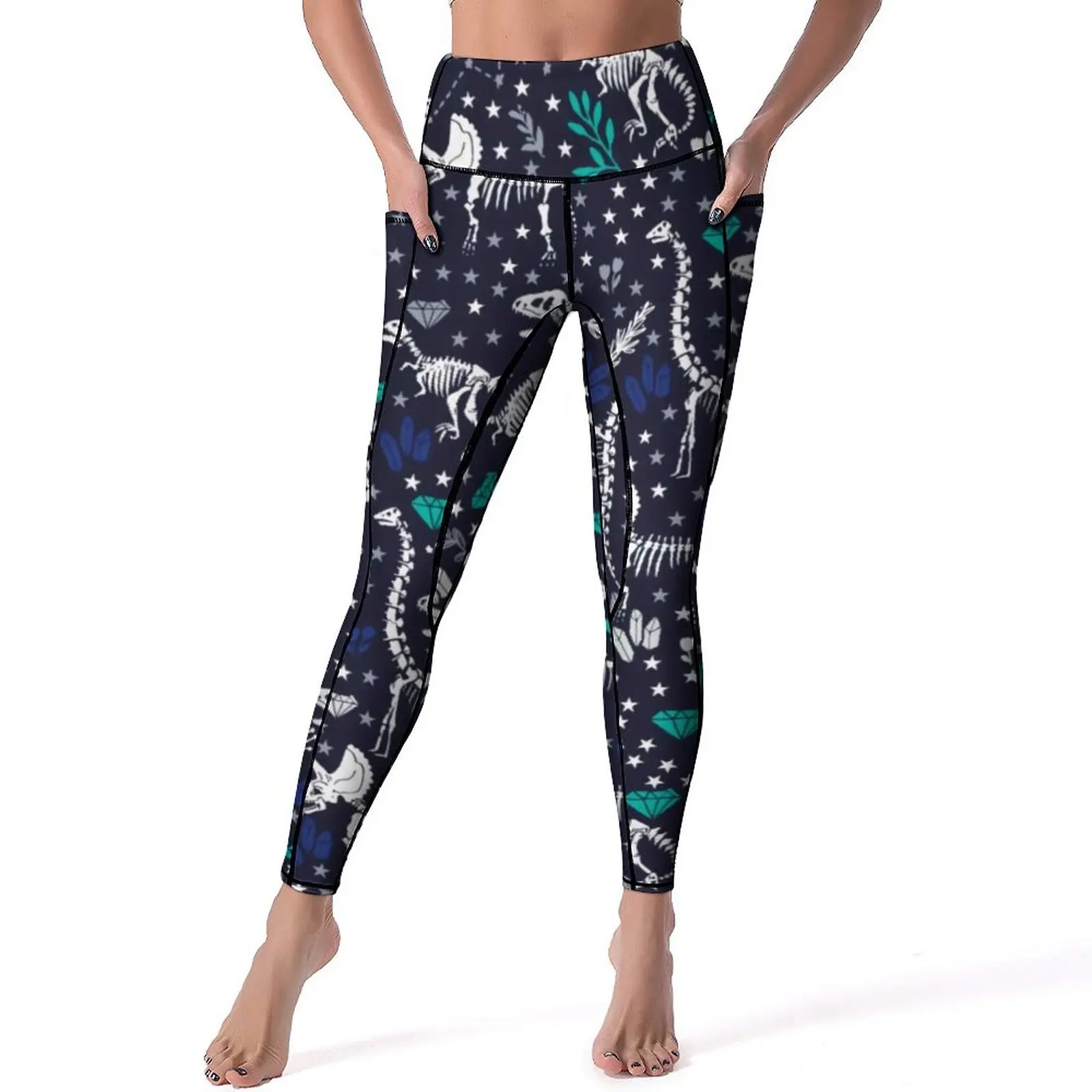 

Cute Dinosaurs Leggings Blue Dinosaur Skeletons Lover Design Yoga Pants Push Up Workout Yoga Legging Retro Stretchy Sport Pants