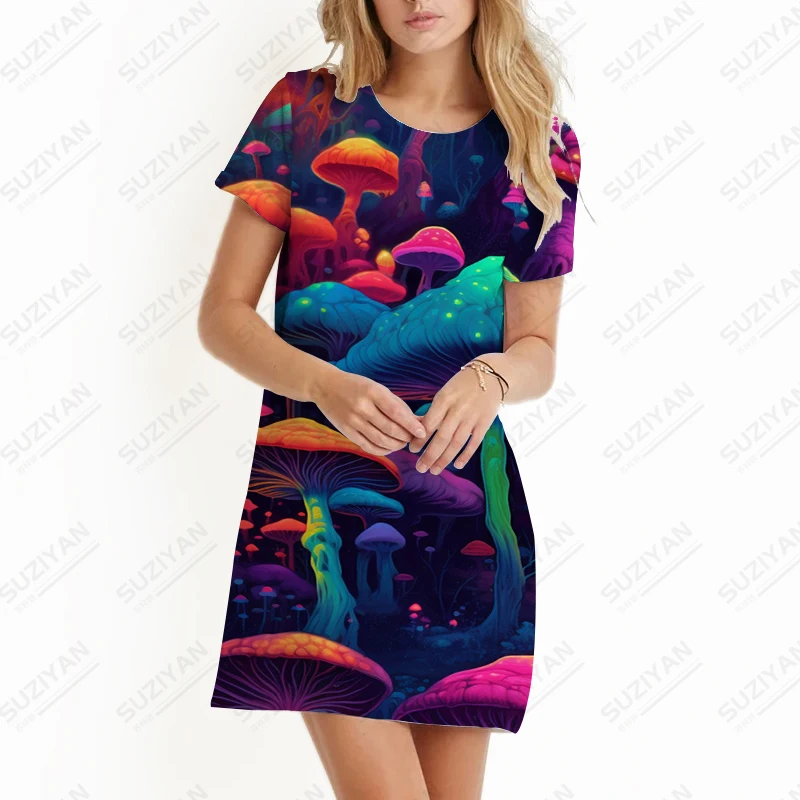 

Летнее женское повседневное свободное платье с коротким рукавом, разноцветное платье с 3D принтом в виде грибов, модное универсальное платье, праздничное платье