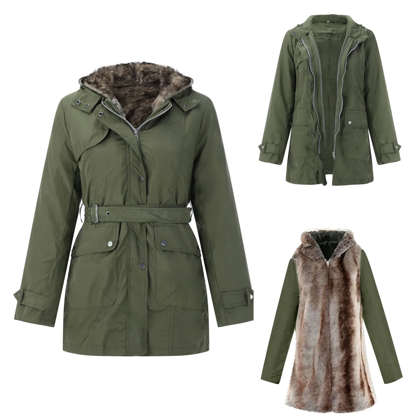 

Women'S Autumn And Winter Out Of Solid Color Hooded Hair Collar Three In One Wear Two Cold Weather Jackets Nonslip Band Women 2x