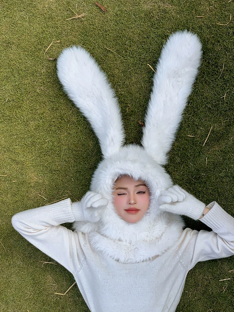 Зимняя теплая меховая шапка с кроликом Бонни толстый белый шарф милая плюшевая