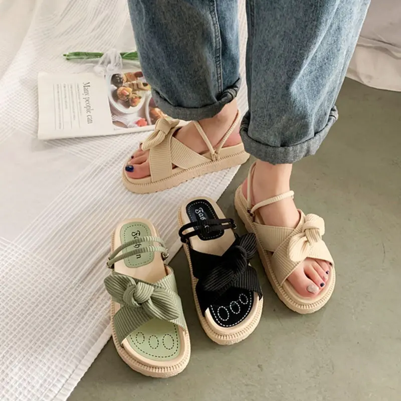 New Fairy Style Lady Summer Slippers Thick Platform Flat Sandals With Butterfly-Knot Summer Flip Flops Women Outdoor Sandals