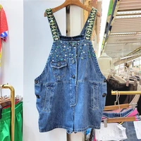 2022 summer new denim jumpsuits for women beads sequined diamonds strap overall jeans wide leg shorts street girls jean jumpsuit