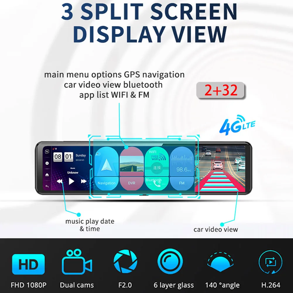 

12 Inch Touch Screen AN8.1 4g WiFi GPS Car DVR WDR Camera Video Dash Cam Car Accessories High-quality Rearview Mirror Recorder