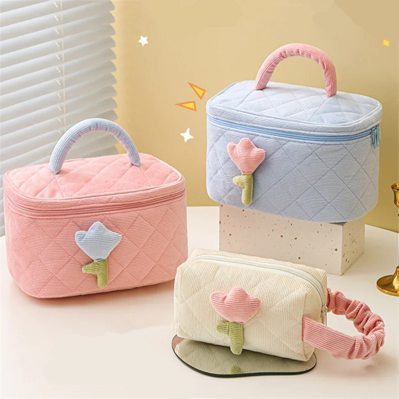 

Large Capacity Travel Cosmetic Bag Fashion Women's Tulip Flowers Pouch Corduroy Zipper Bags Portable Storage Make Up Organizer
