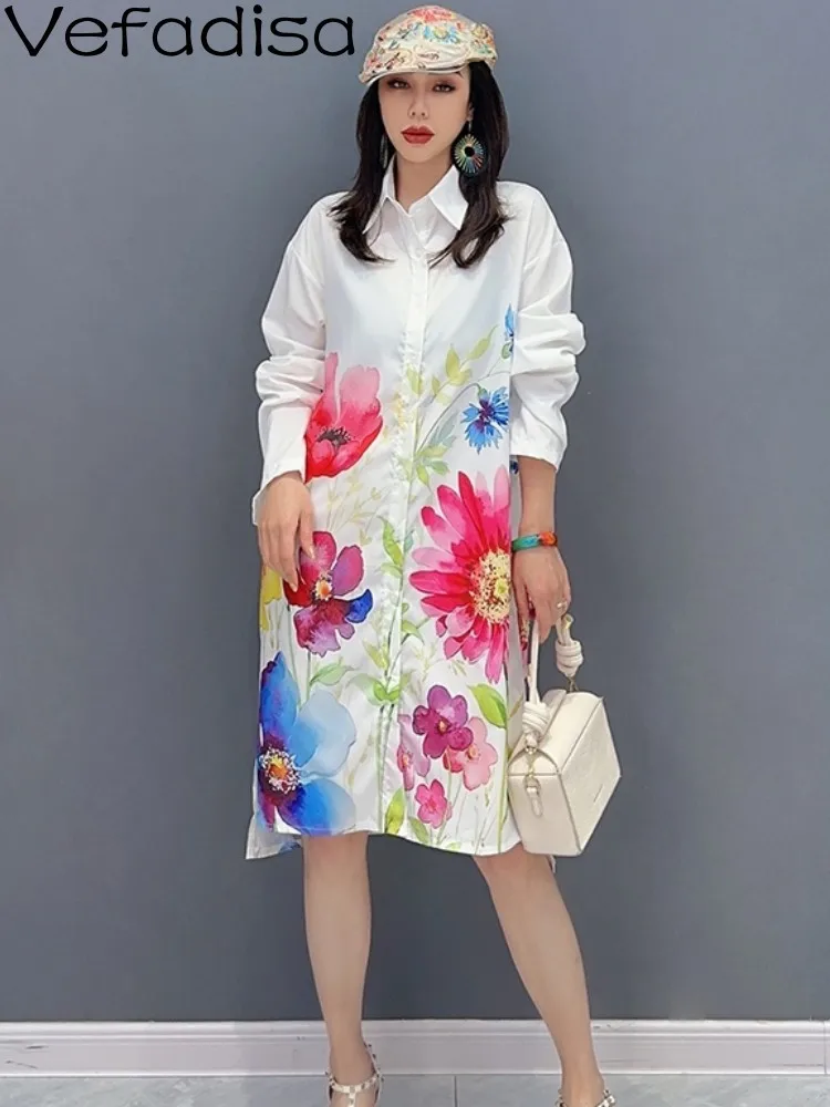 Vefadisa 2023 Summer New POLO Collar Flower Pattern Loose Irregular Mid Length Shirt Dress Women Fashion Full Sleeve ZXF210B