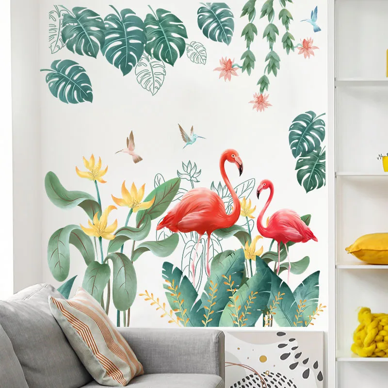 

Beautiful Flamingo Green Plant Leaves Wall Sticker Bedroom Porch Wall Decorative Stickers for Kids Rooms Wall Art Decals