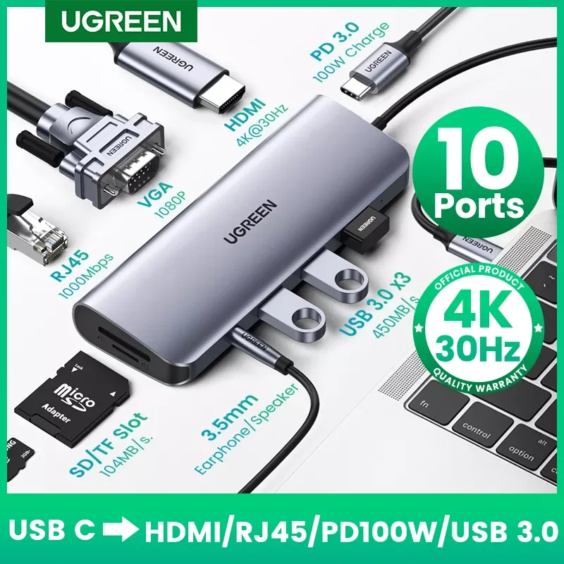 

USB-разветвитель UGREEN, HDMI-адаптер, 4K, USB C-USB 3,0, 100 Вт